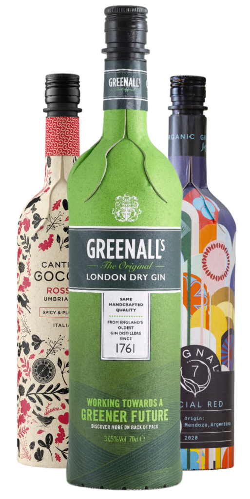 A selection of Frugalpac paper-based bottles.