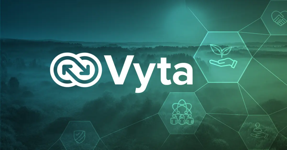 Vyta identity on a green technology-themed background.